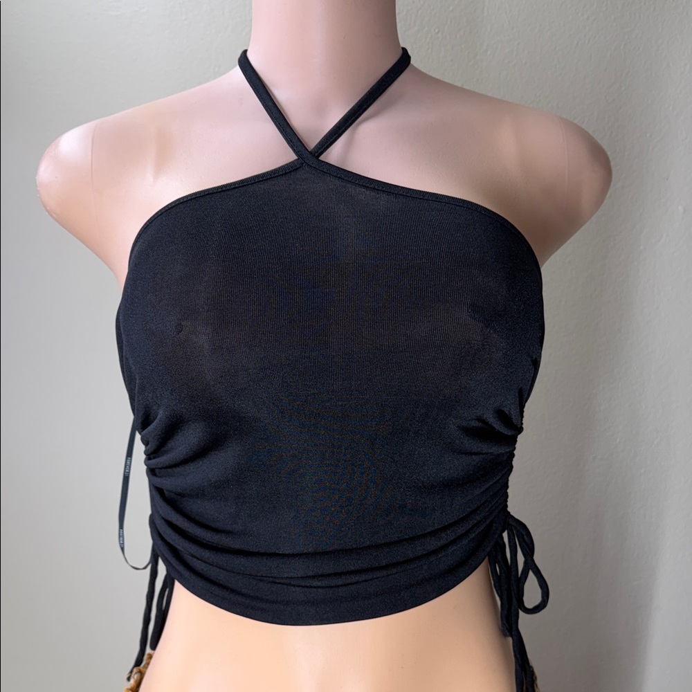 Forever 21 Black Cross-Halter Ruched Crop Top